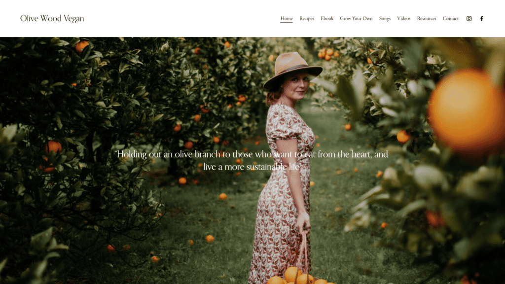 screenshot of the olive wood vegan homepage