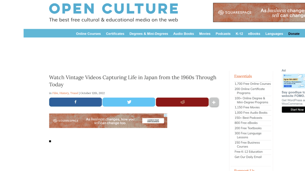 screenshot of the openculture homepage