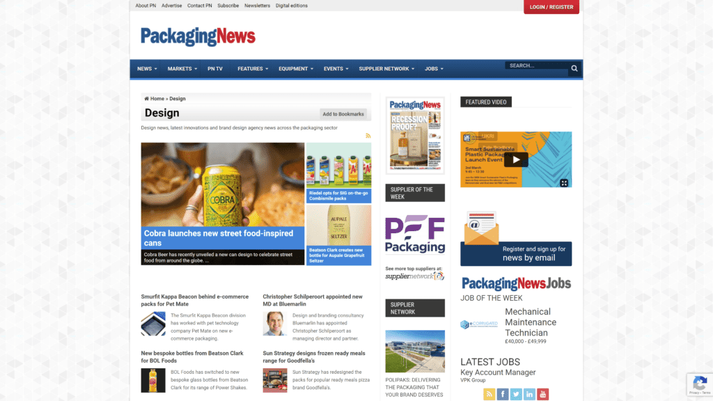 a screenshot of the packaging news homepage