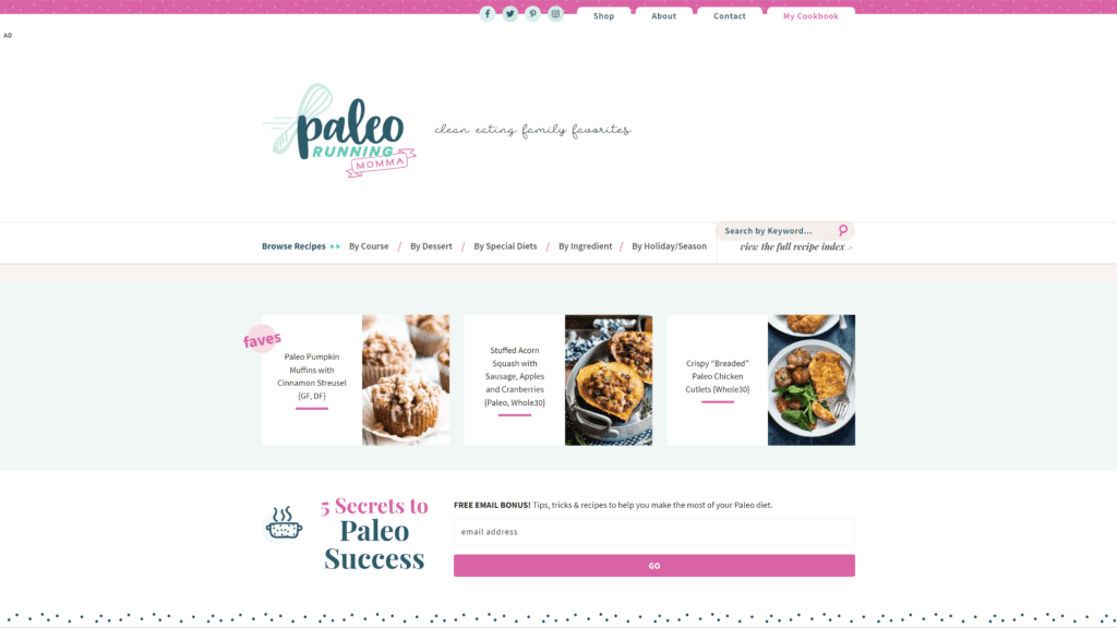 A screenshot of the paleo running momma Homepage