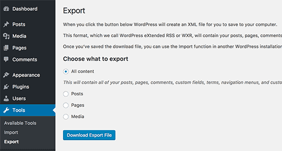 export WordPress content