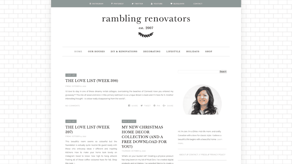 screenshot of the rambling renovators homepage