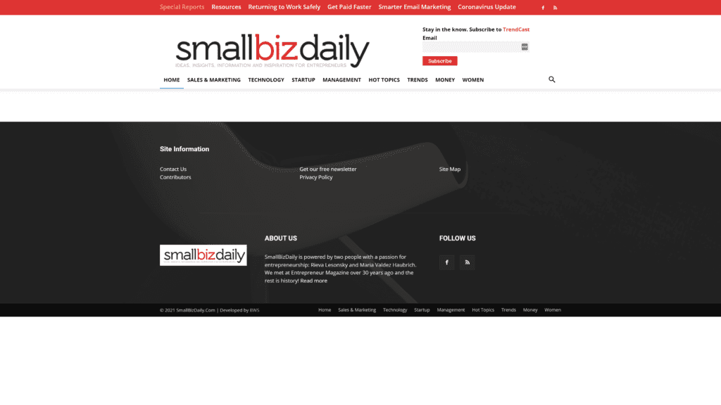 screenshot of the small biz daily homepage