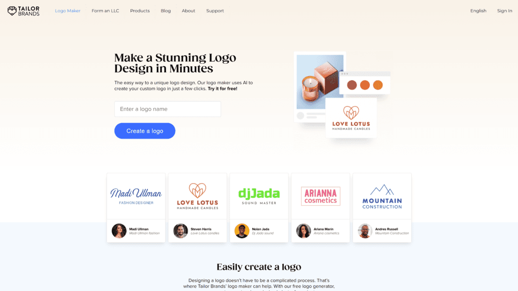 screenshot of the tailorbrands_logo_maker homepage