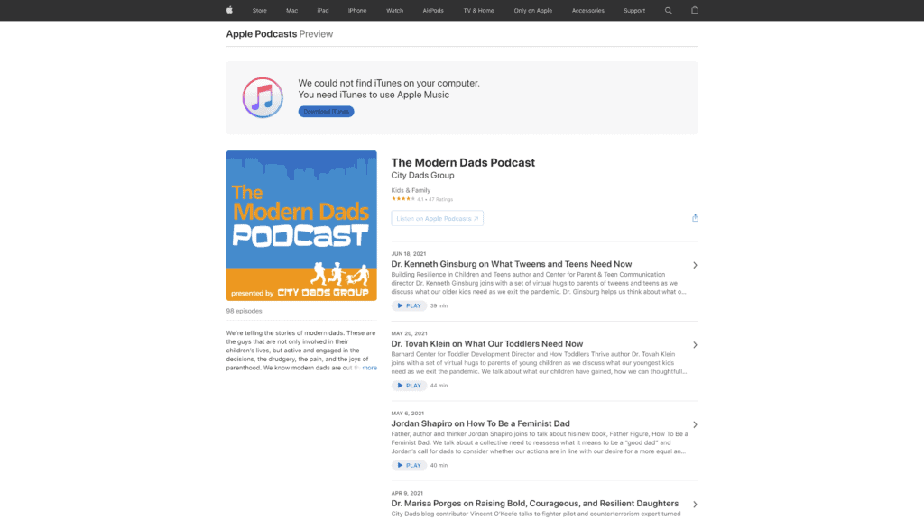 A screenshot of the modern dads podcast homepage