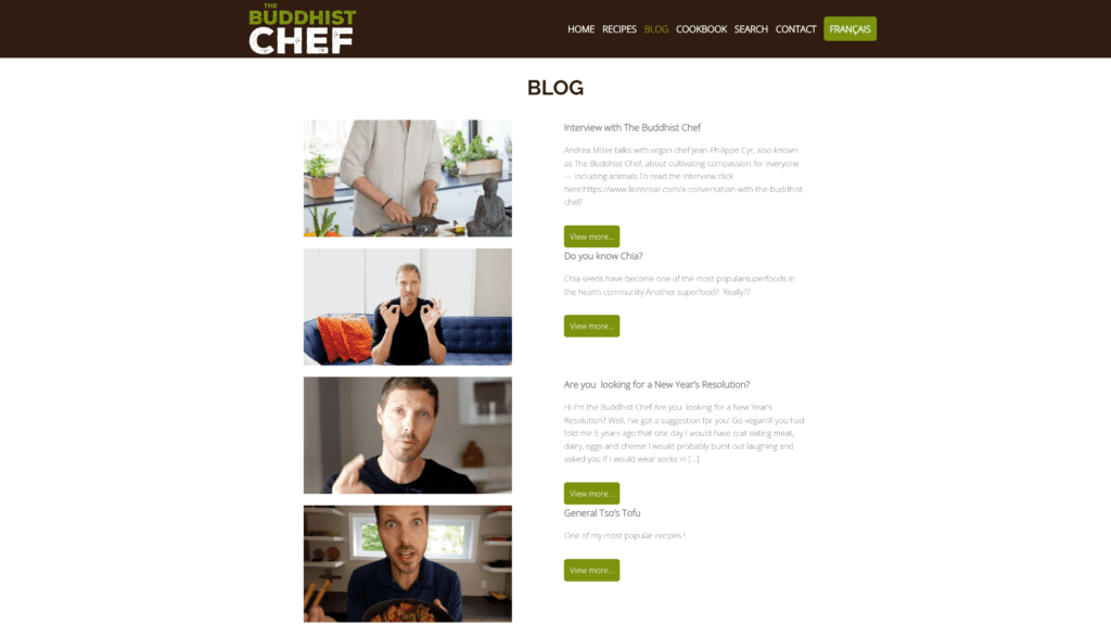 screenshot of the buddhist chef homepage