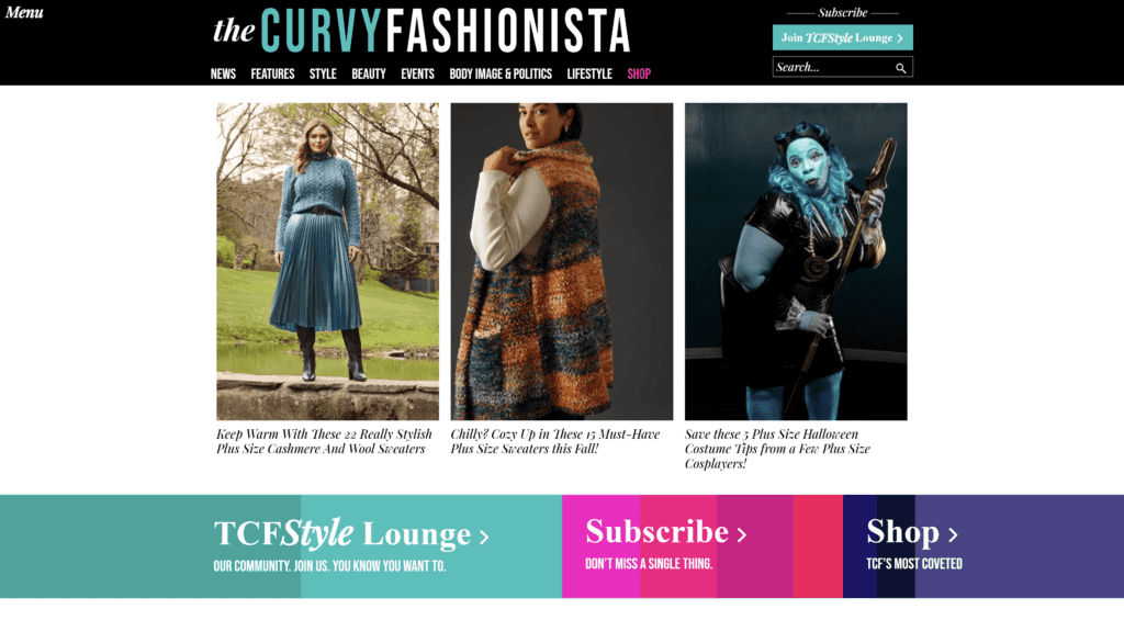 sreenshot of the curvy fashionista homepage