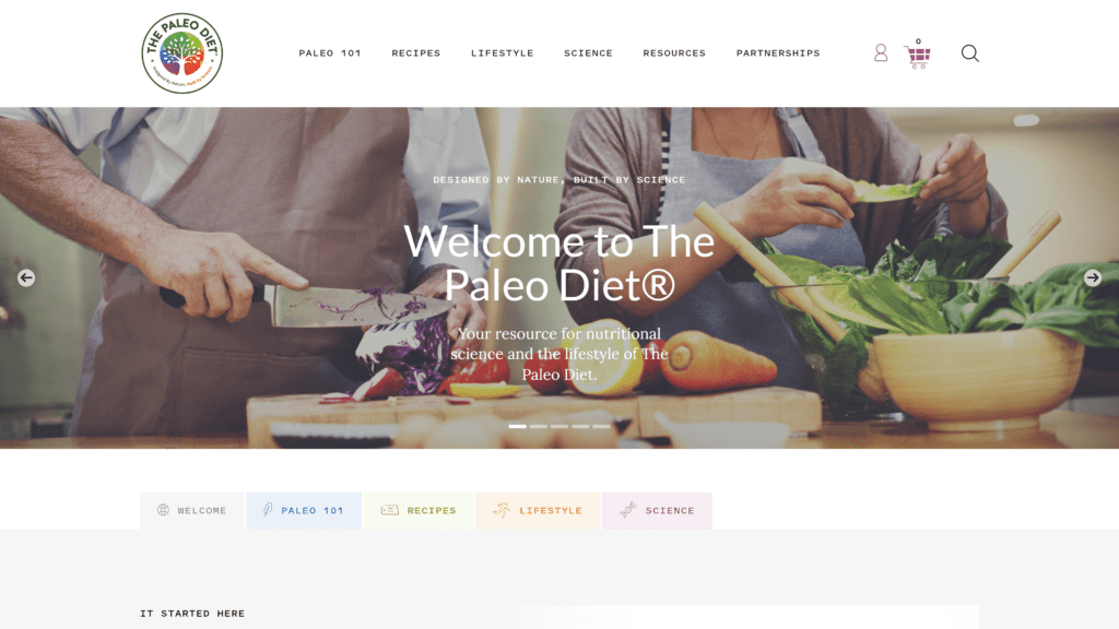 A screenshot of the paleo diet Homepage