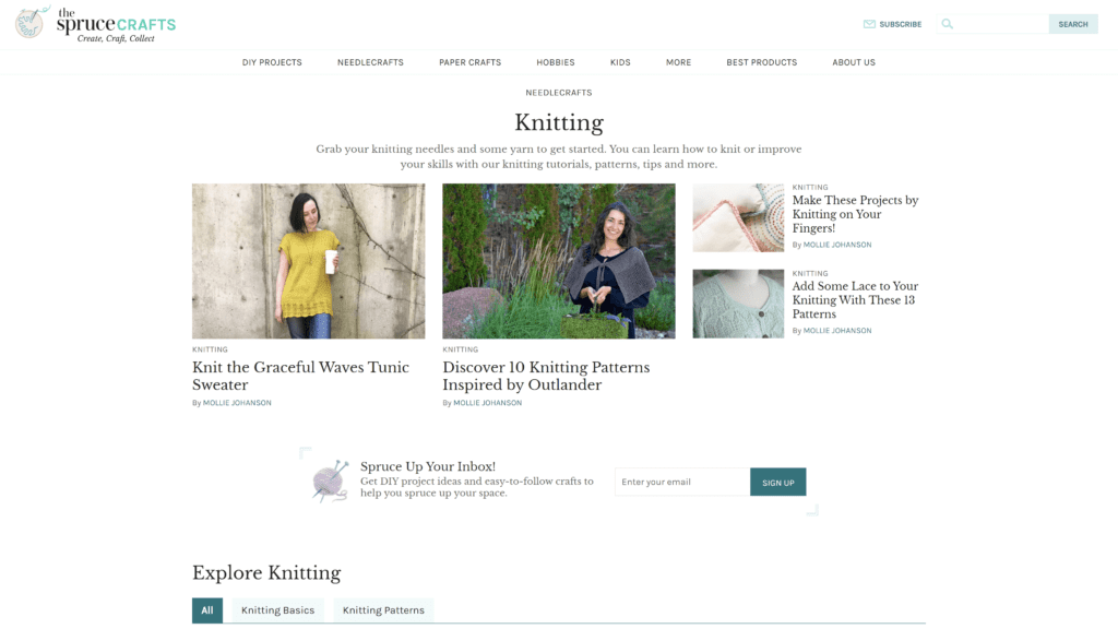 screenshot of the spruce knitting homepage