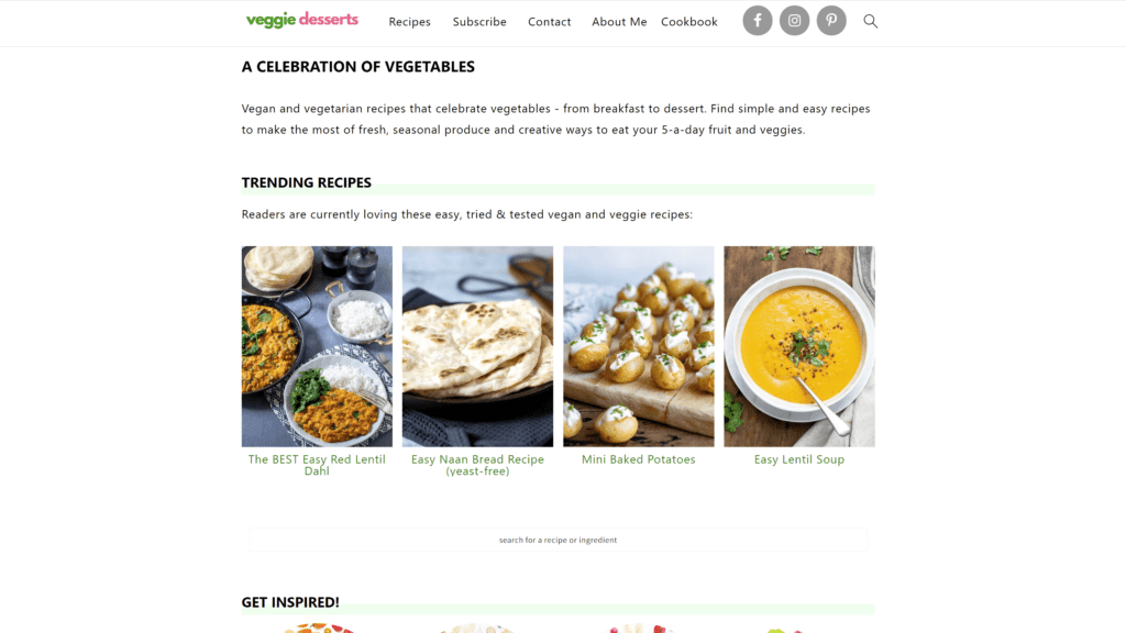 screenshot of the veggie desserts homepage