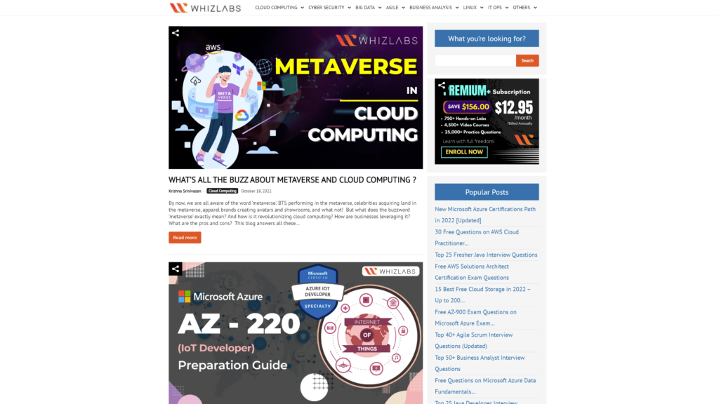 screenshot of the whizlabs blog homepage