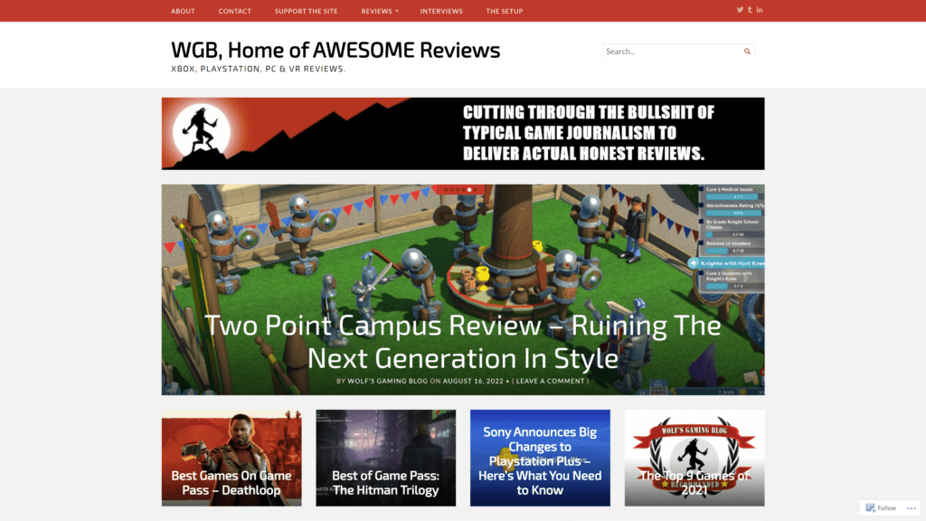 screenshot of the wolf's gaming blog homepage