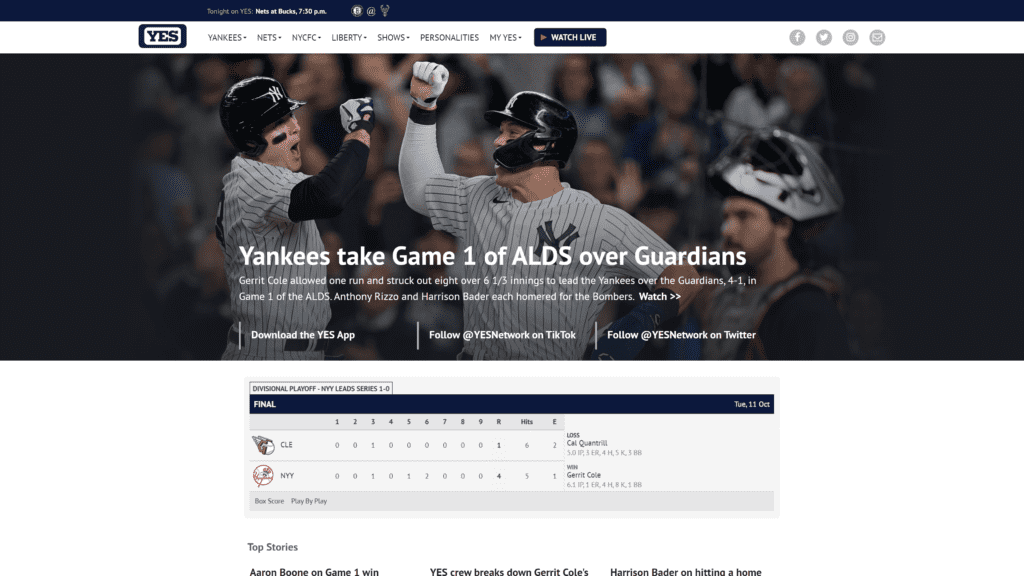 A screenshot of the YES Network Homepage