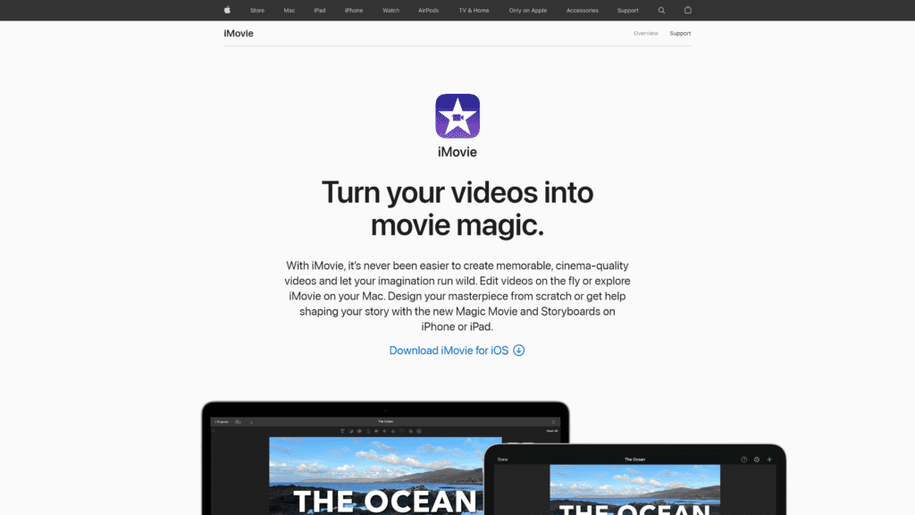screenshot of the apple imovie homepage