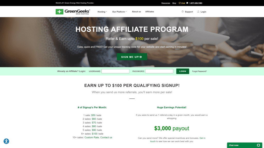 screenshot of the greengeeks affiliate program homepage