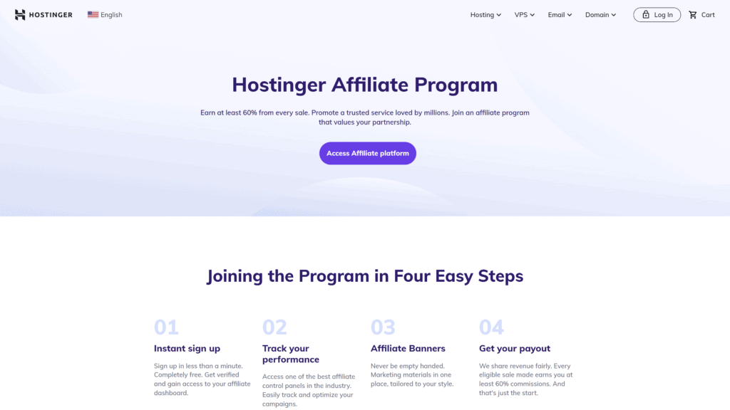 screenshot of the hostinger affiliate program homepage