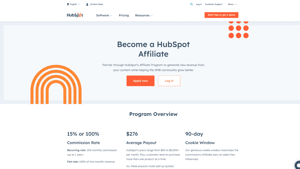 screenshot of the hubspot affiliate program homepage
