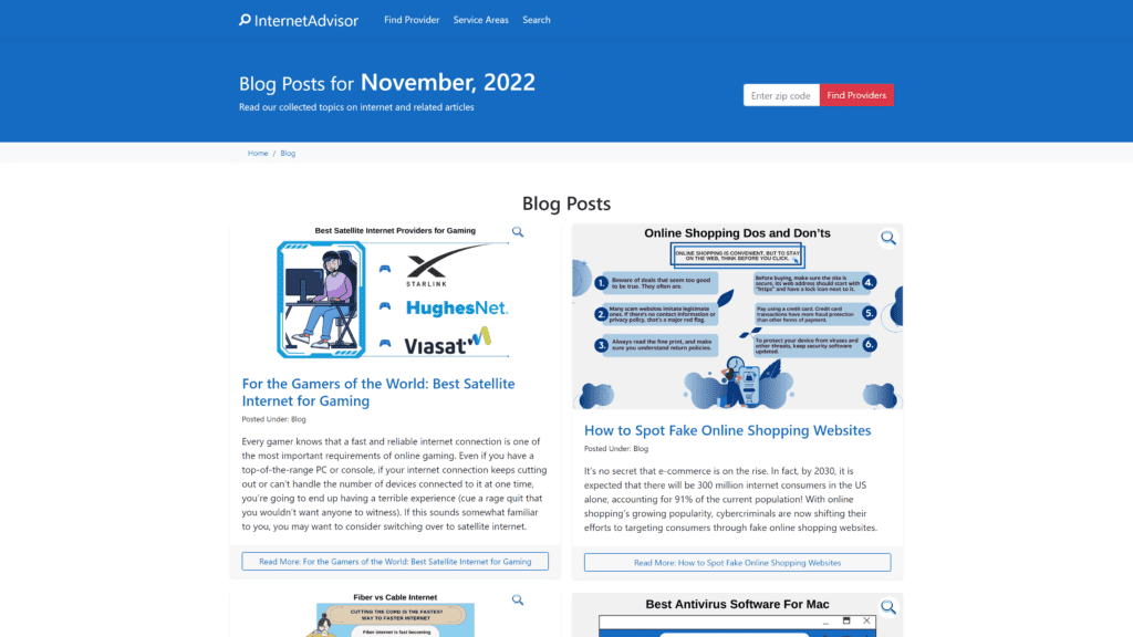 screenshot of the internet advisor blog homepage