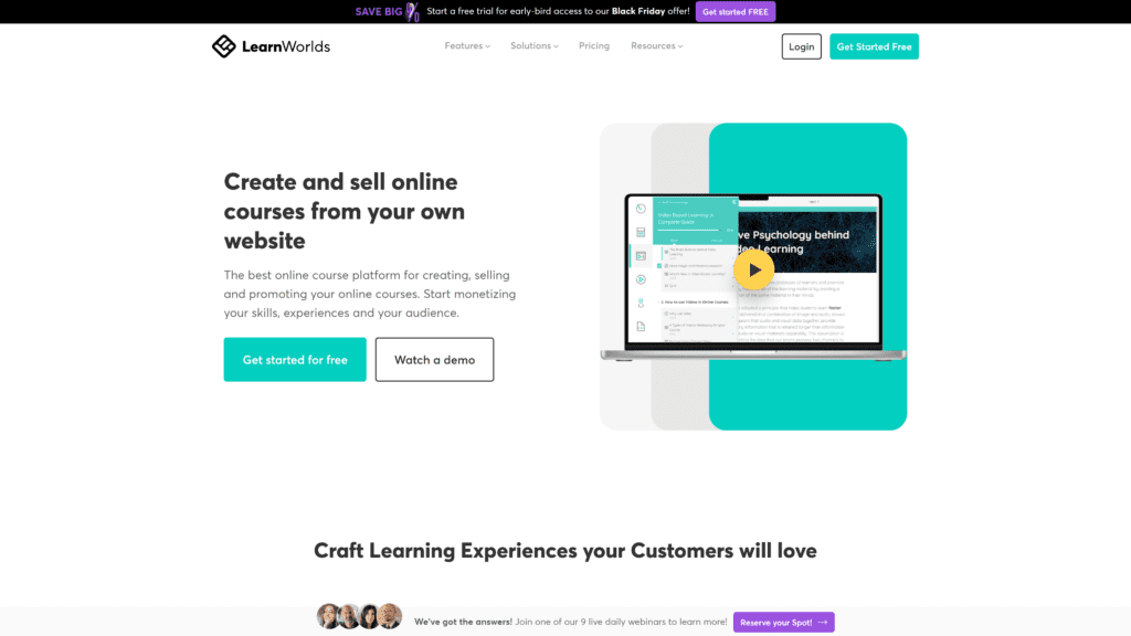 screenshot of the learnworlds homepage