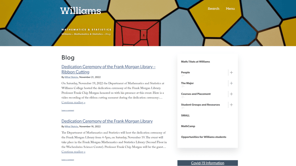 screenshot of the mathematics statistics blogs williams college homepage