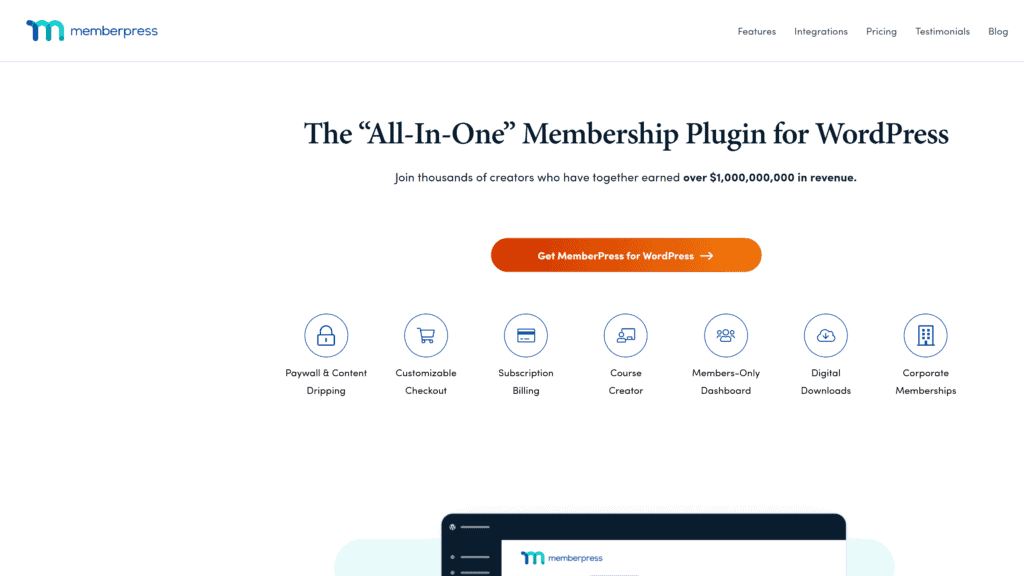 screenshot of the memberpress homepage