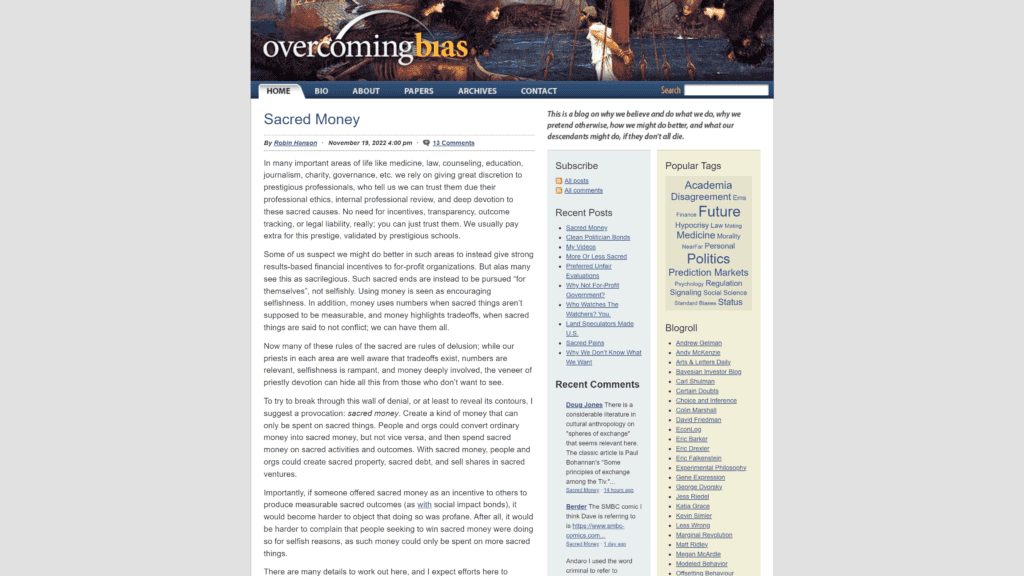 screenshot of the overcoming bias homepage