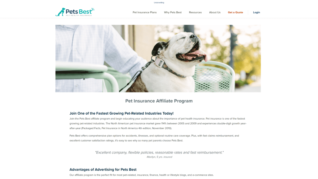screenshot of the pets best insurance affiliate program homepage