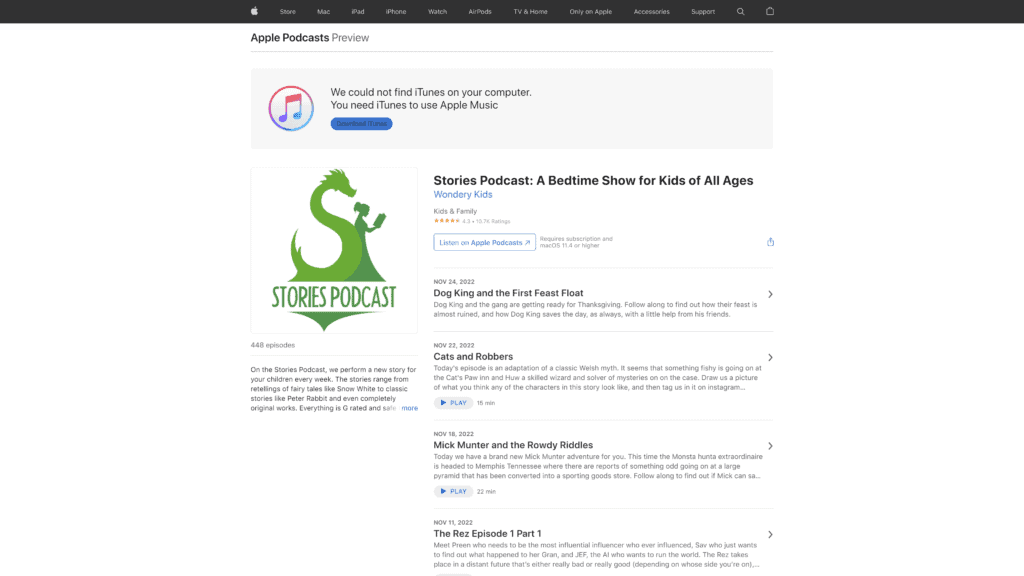 screenshot of the stories podcast: A betime show for kids of all ages homepage