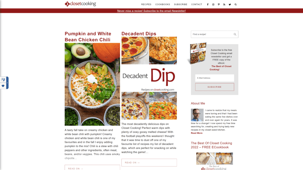 a screenshot of the closet cooking homepage