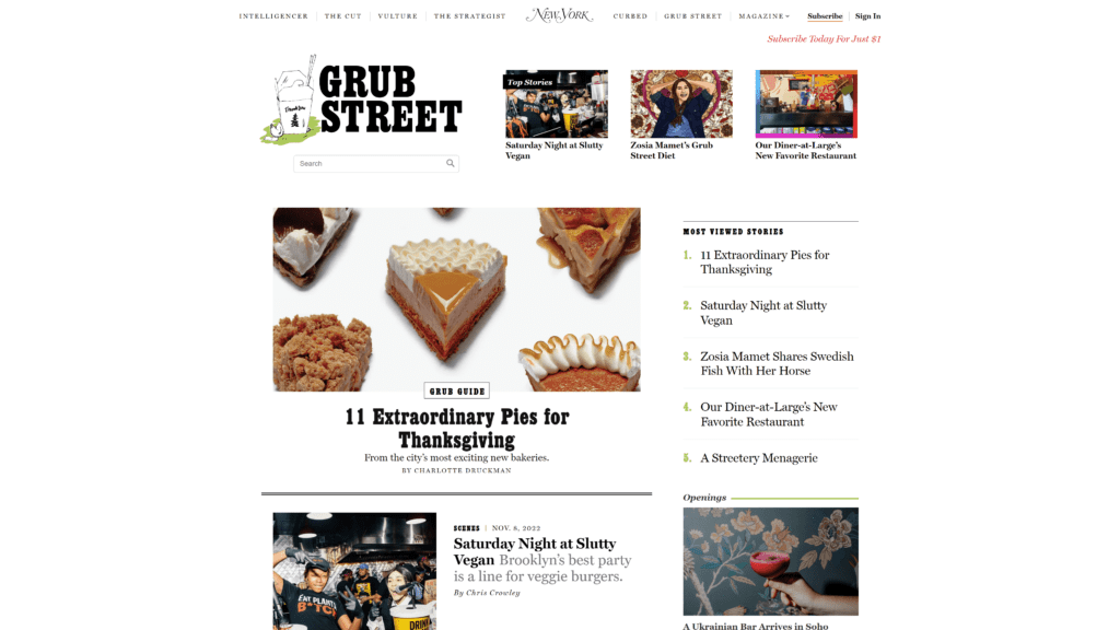 a screenshot of the grub street homepage