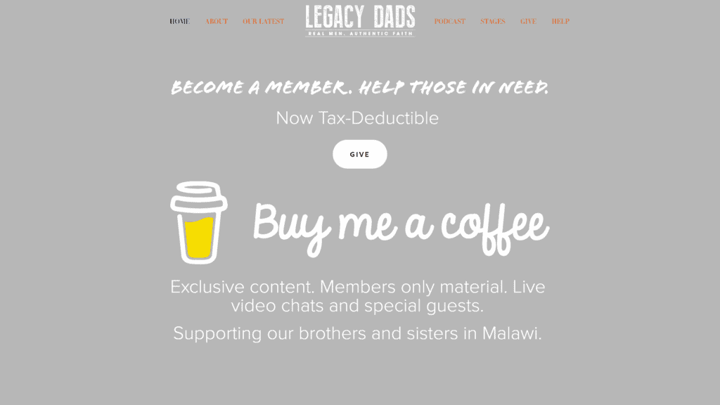 screenshot of the legacy dads homepage