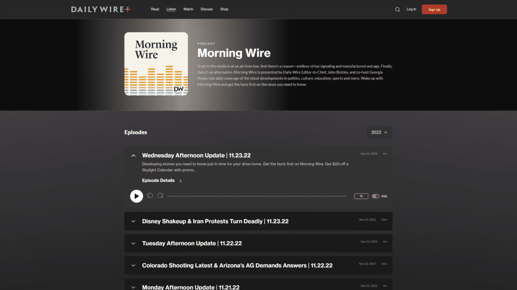 screenshot of the morning wire homepage