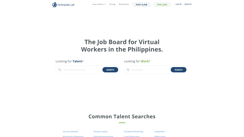 screenshot of the onlinejobs homepage