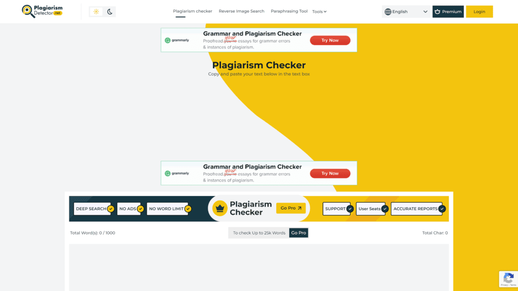 a screenshot of the plagiarismdetector homepage