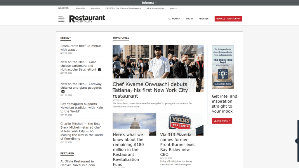 a screenshot of the restaurant hospitality homepage
