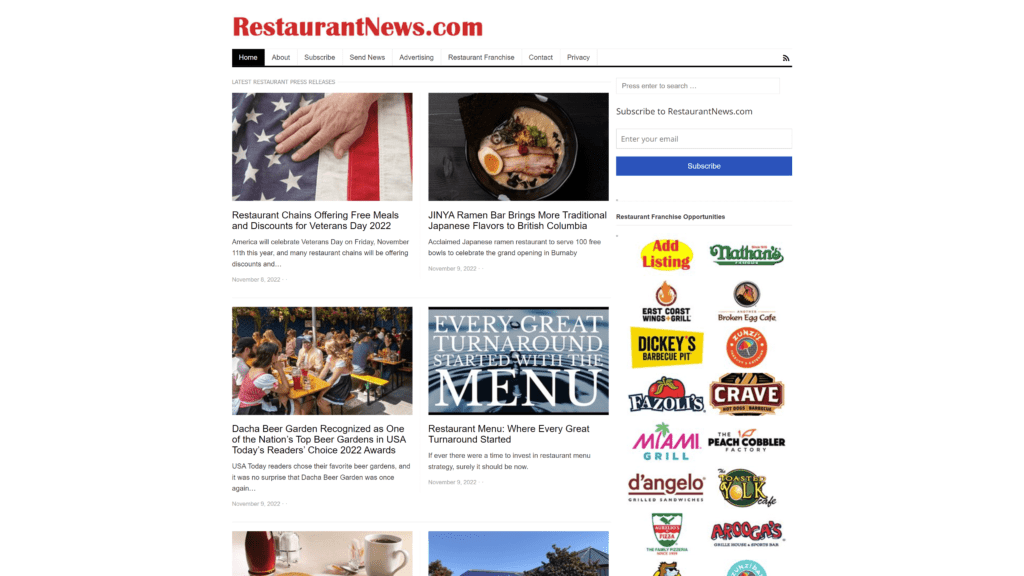 a screenshot of the restaurantNews.com homepage