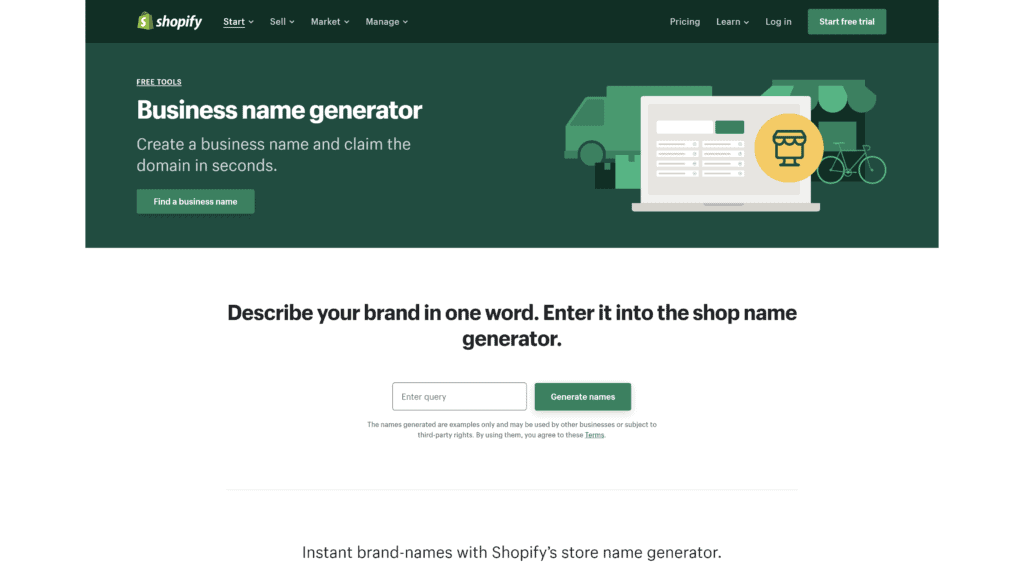 shopify business name generator homepage screenshot 1
