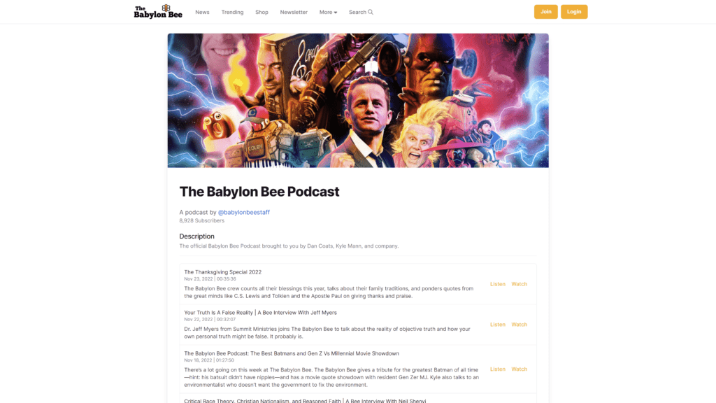 screenshot of the Babylon Bee homepage