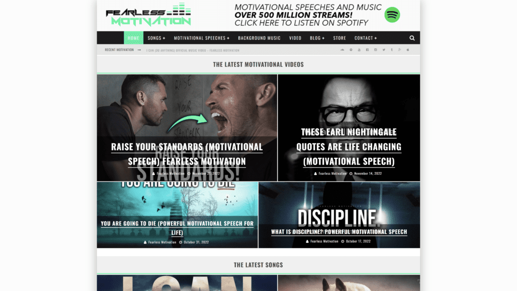 screenshot of the fearless motivation homepage