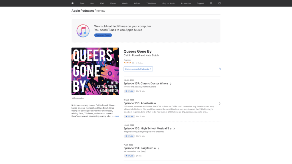 screenshot of the queers gone by homepage