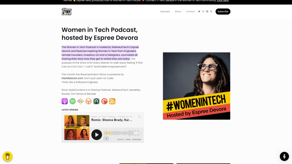 screenshot of the women in tech homepage