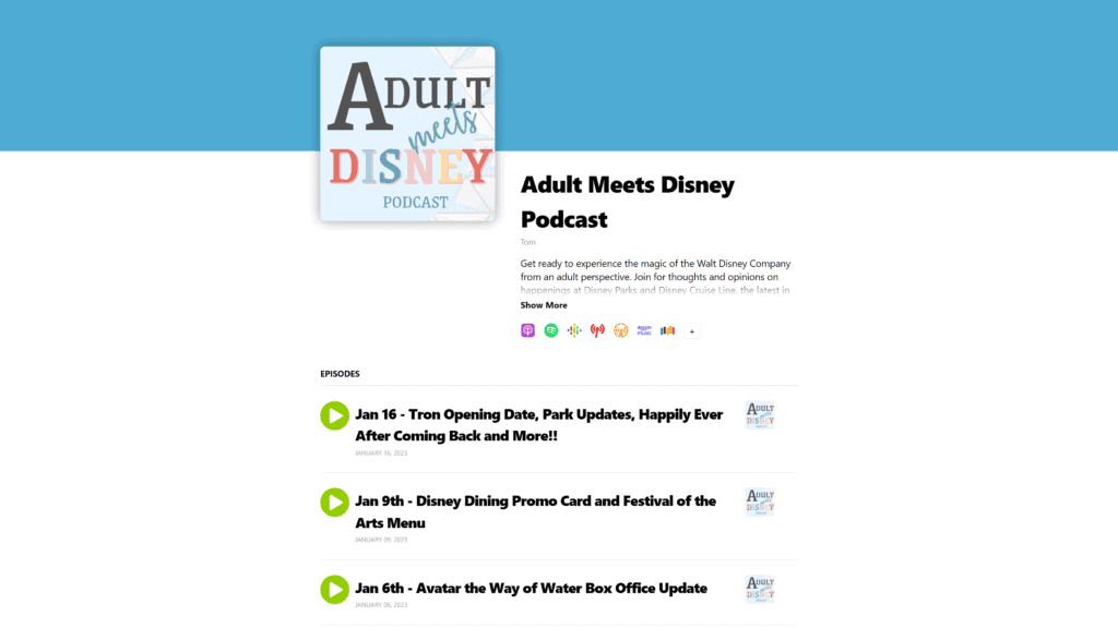 screenshot of the adult meets disney podcast homepage