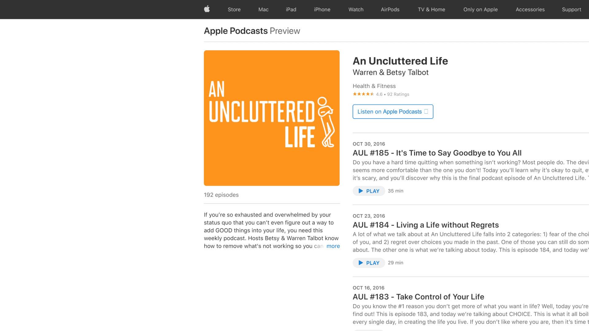 screenshot of the an uncluttered life podcast homepage