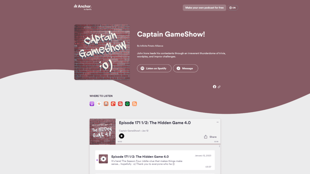 screenshot of the captain gameshow homepage