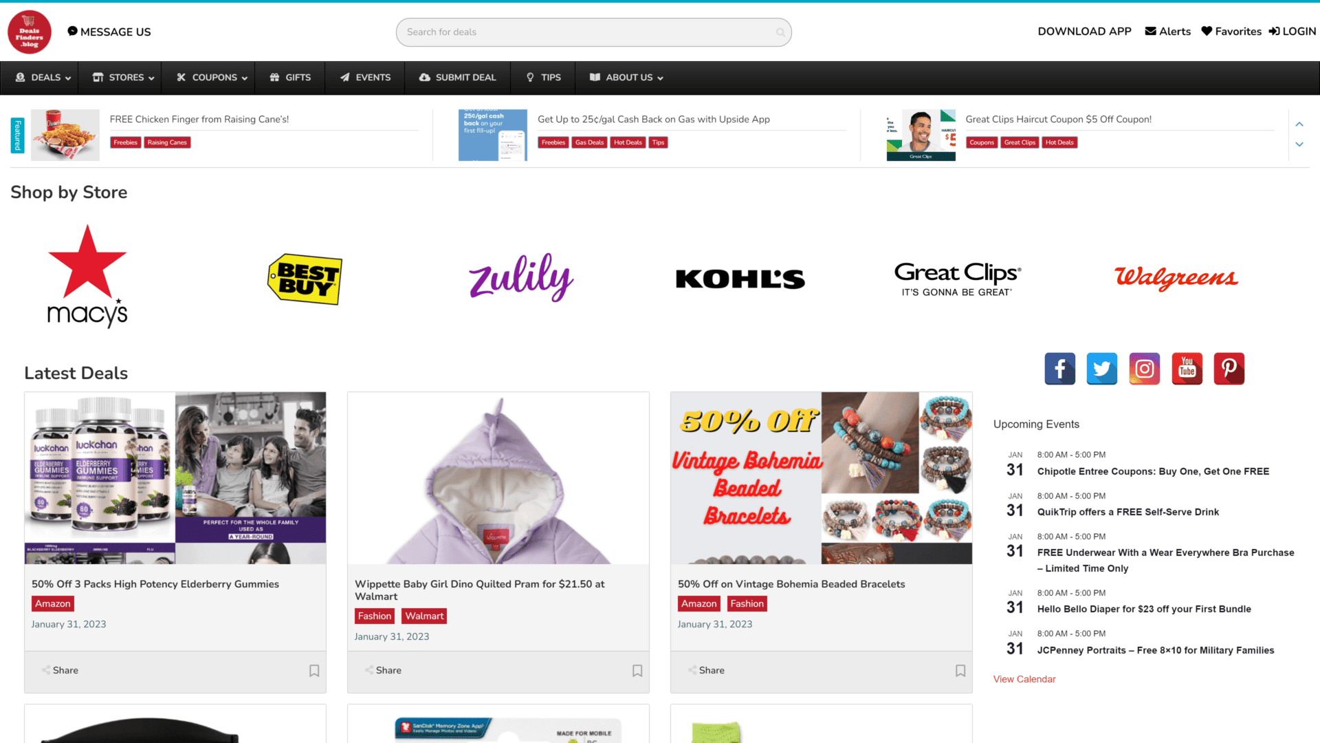 screenshot of the deals finders homepage