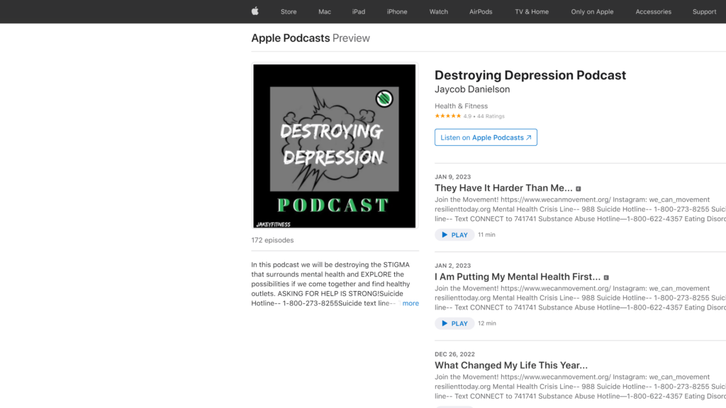 screenshot of the destroying depression podcast homepage