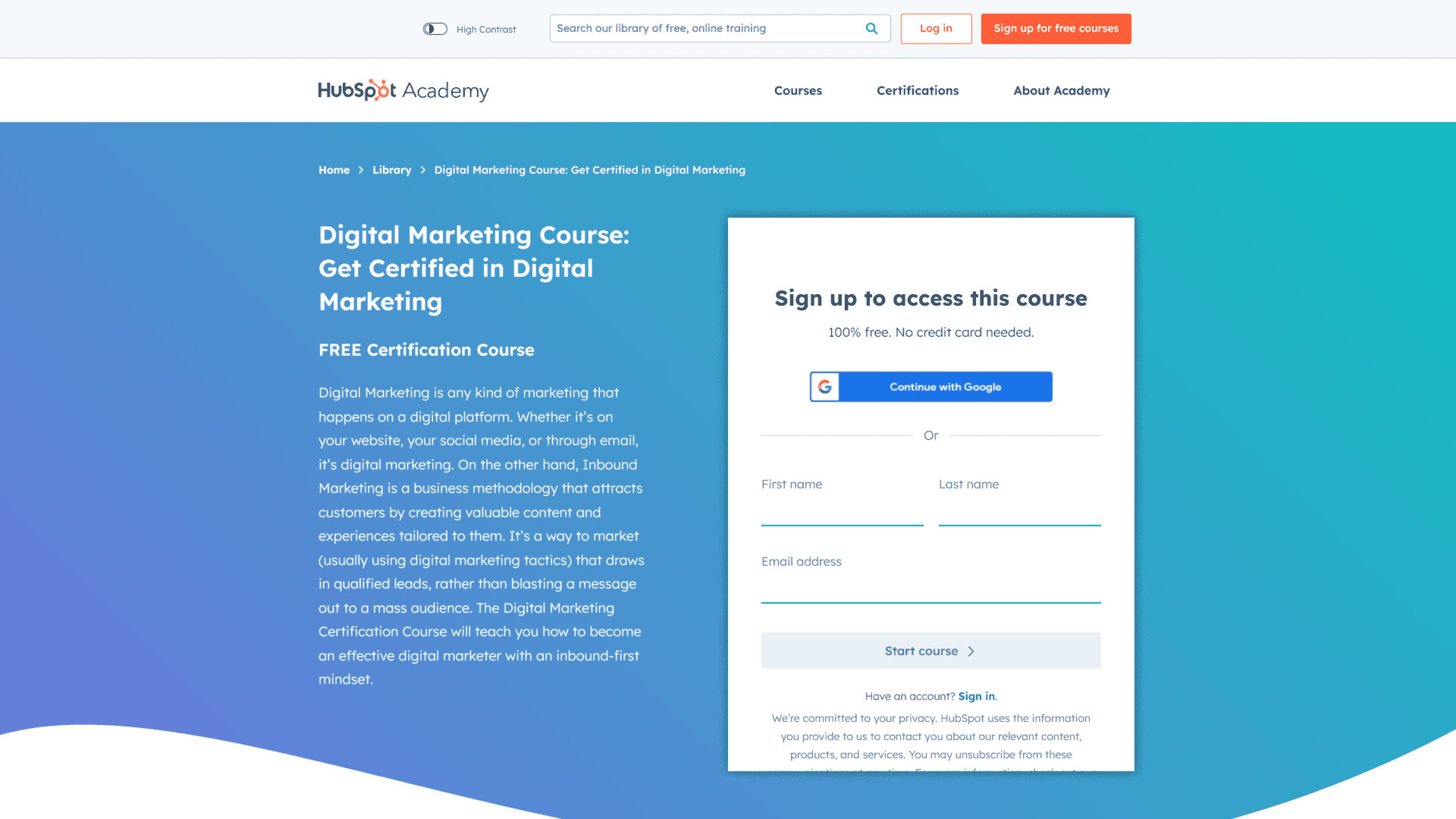 screenshot of the hubspot digital marketing course homepage