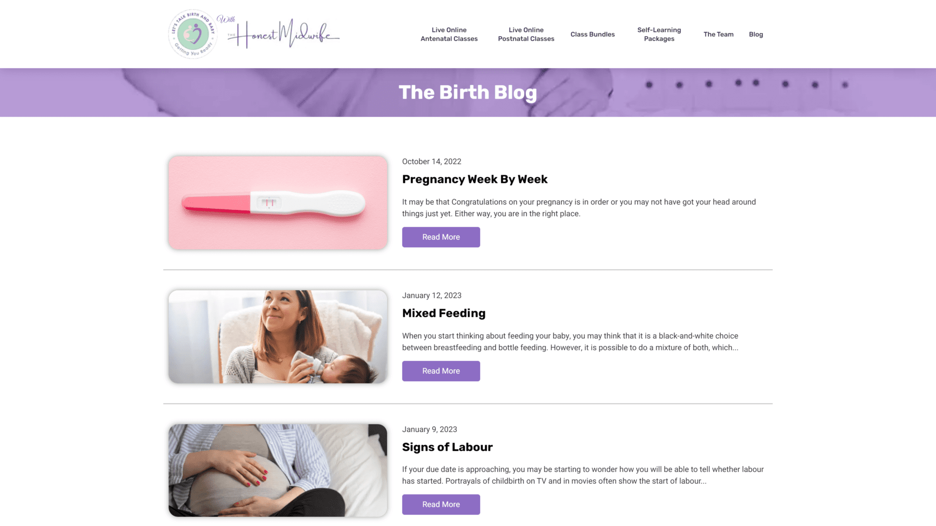 screenshot of the lets talk birth and baby homepage