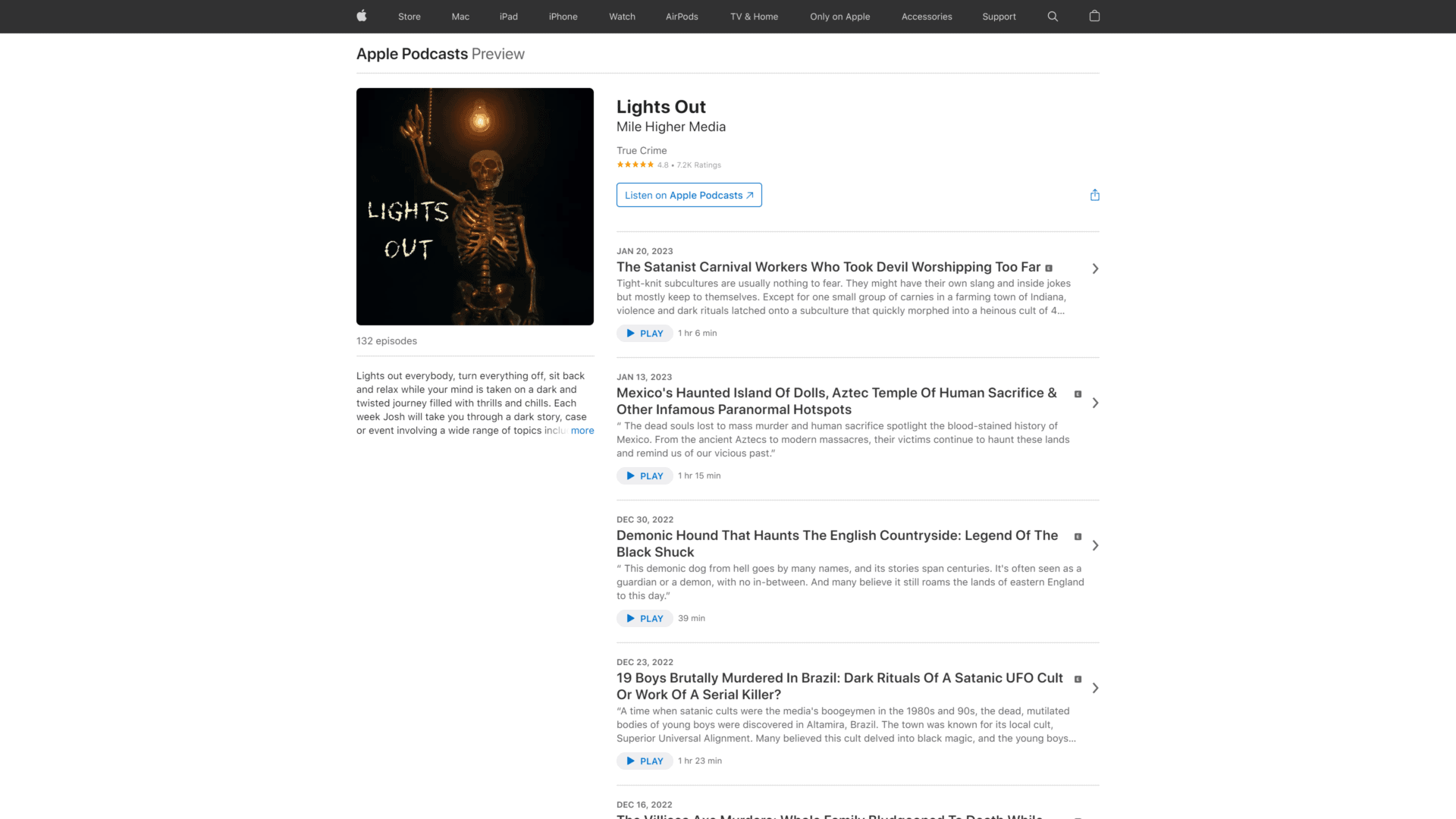 screenshot of the lights out podcast homepage