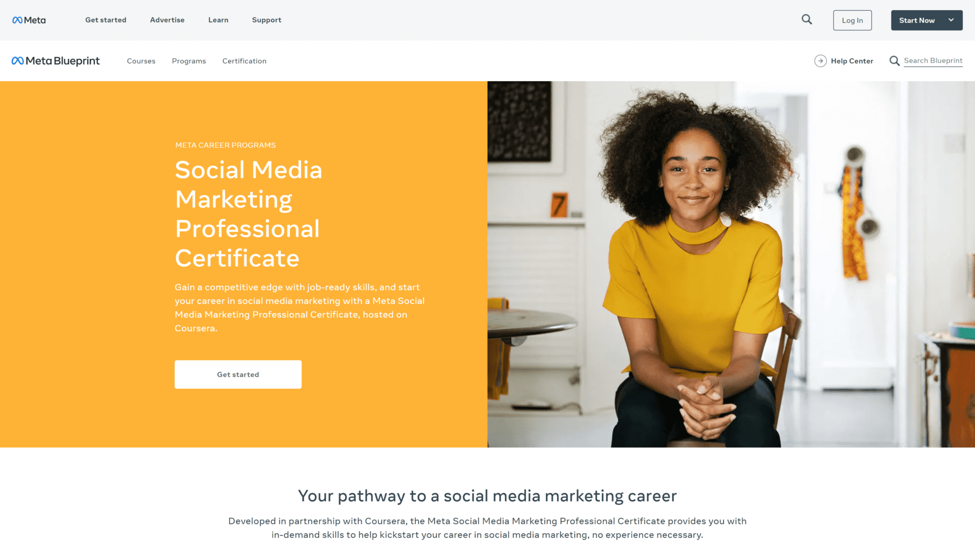 screenshot of the meta social media marketing professional certificate homepage